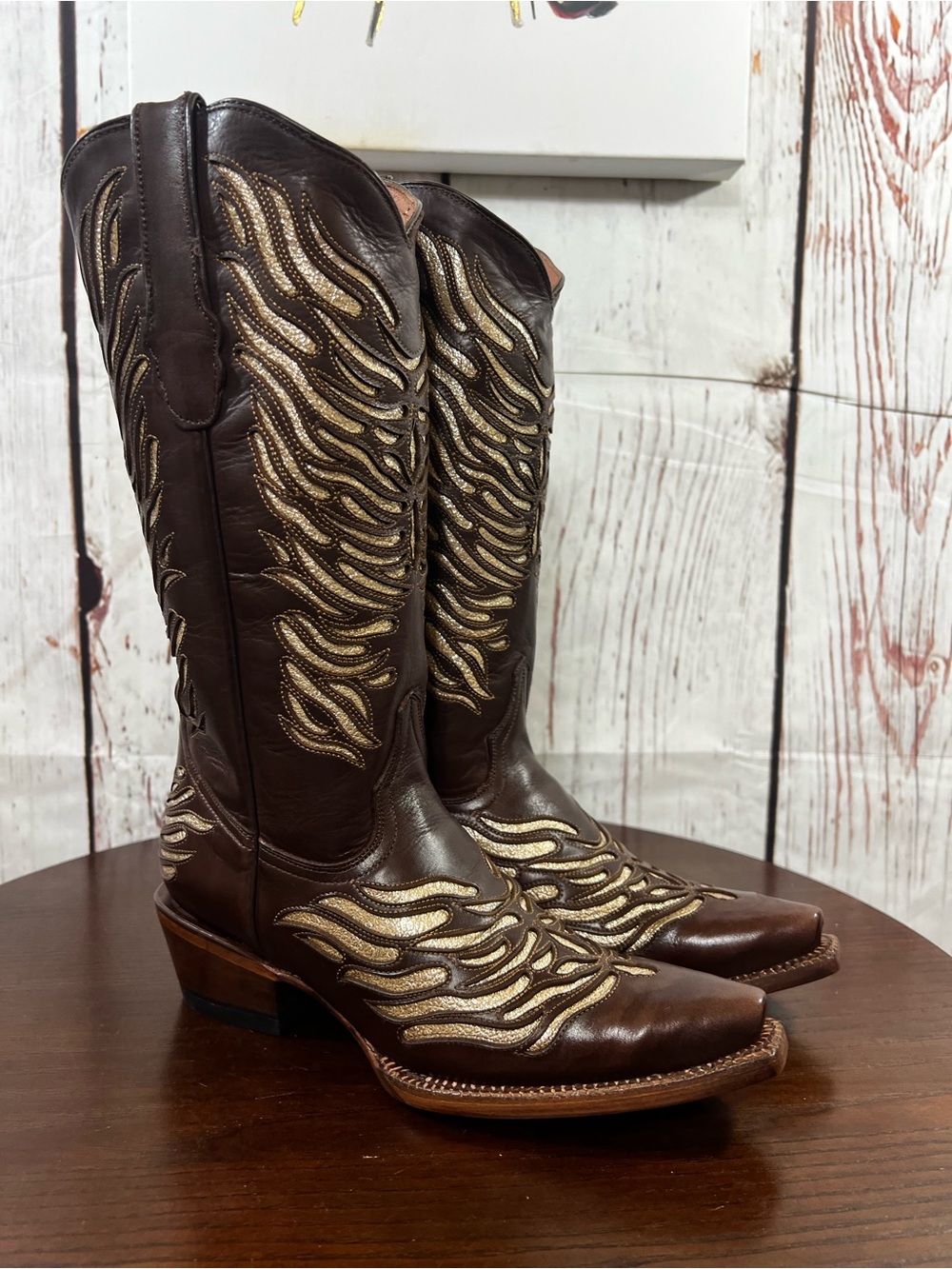 TANNER MARK Gold inlay Brown Leather Snip Toe Boho Western Cowgirl Boots 7
